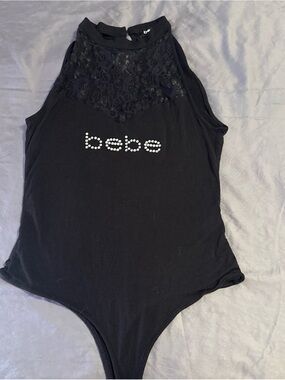 bebe Black Lace Rhinestone Logo Sleeveless Bodysuit